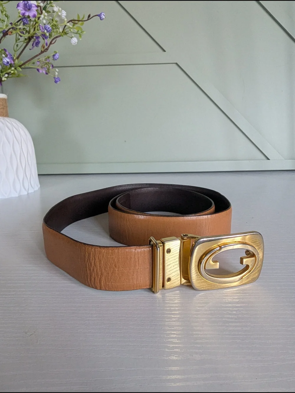 Gucci Tan Leather Belt with Gold G Buckle